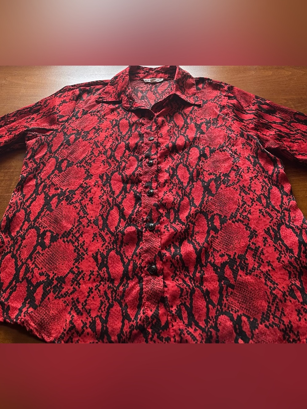 Lily Star•snake print long-sleeve button-down blouse•small•polyester•red & black - Picture 6 of 16